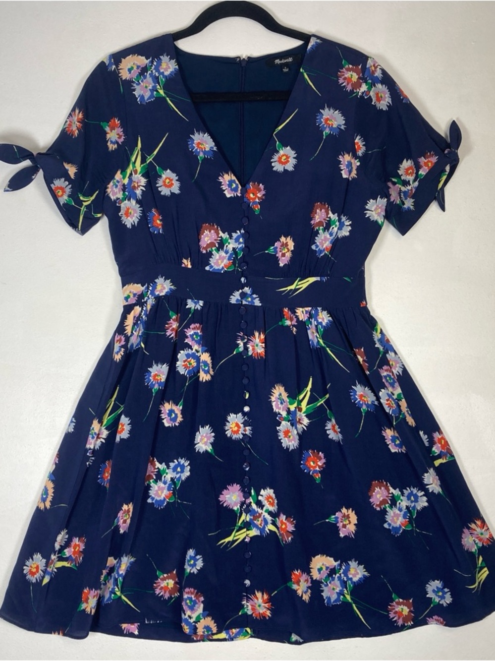 Madewell 100% Silk Navy Blue Floral V-Neck Babydoll Short Sleeve Mini Dress Sz 2 - Picture 13 of 16